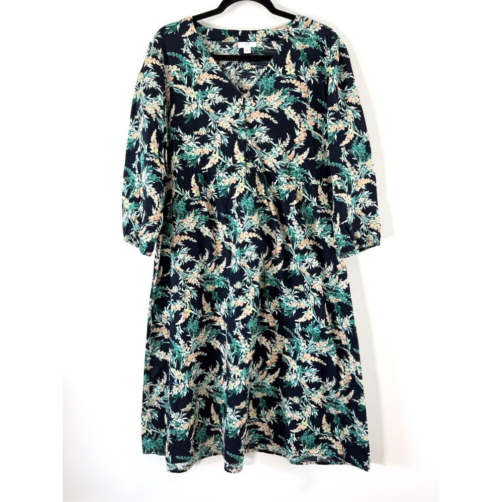 J Jill Dress Women's Medium Black Green Exotic Blooms Garden 3/4 Sleeve EUC